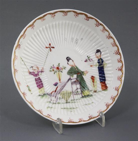 An early Derby ribbed saucer, c.1756-9, d. 13.2cm, small chip to foot